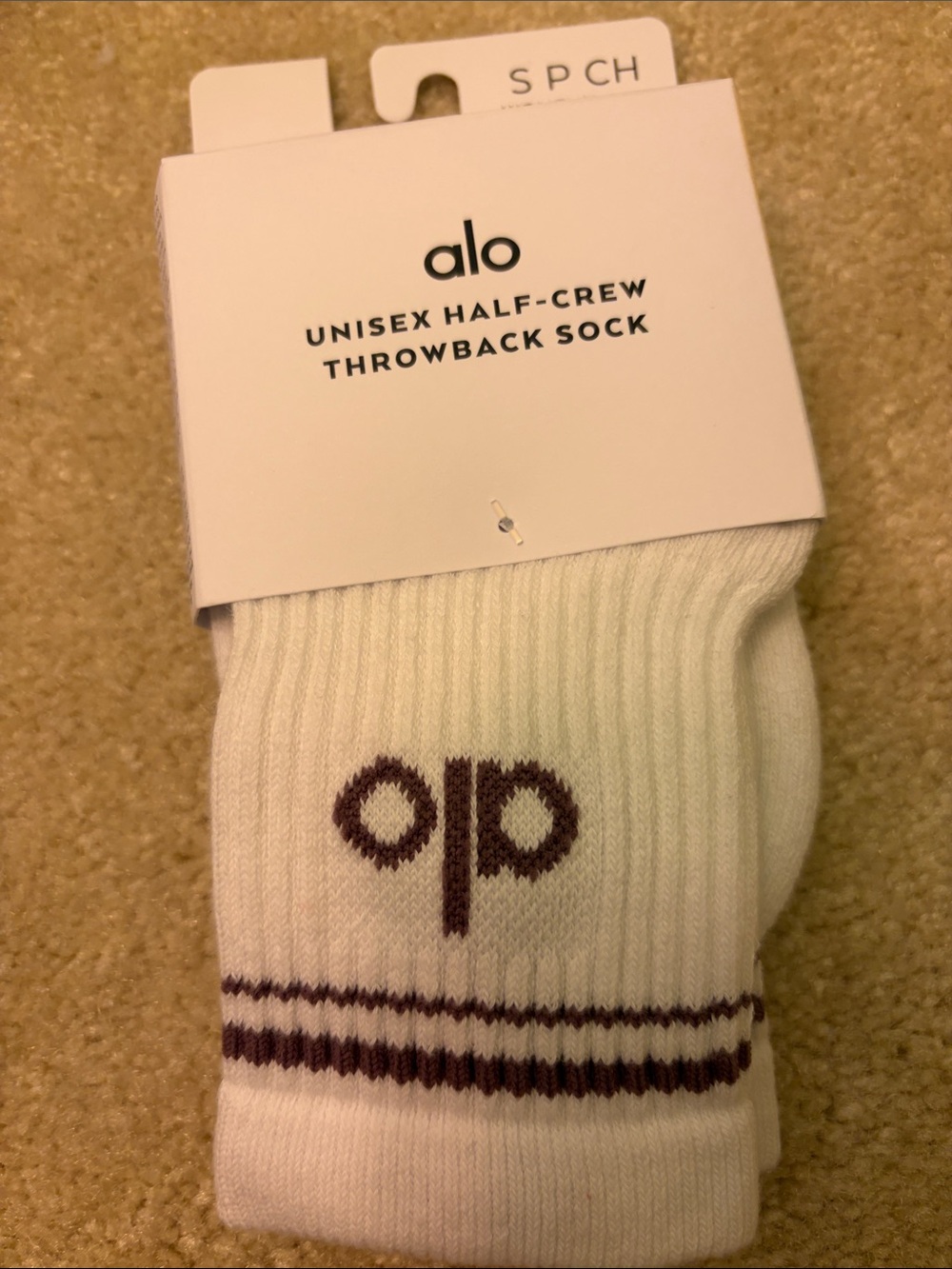 ALO Yoga White Half-Crew Athletic Sock with Brown Accent